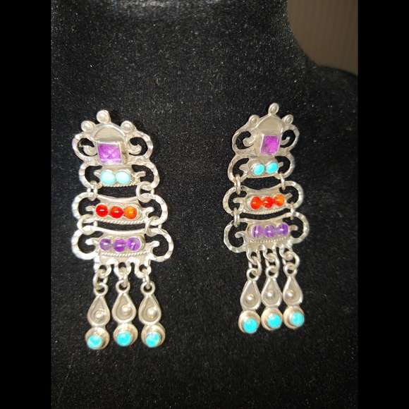 🏜️Navajo 925 Sterling Silver Turquoise Red Jasper Amethyst Chandelier Earrings - Picture 7 of 13